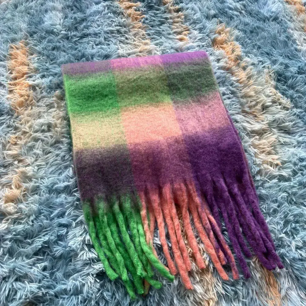 Multicolor Plaid Checkered Fringe Winter Scarf
